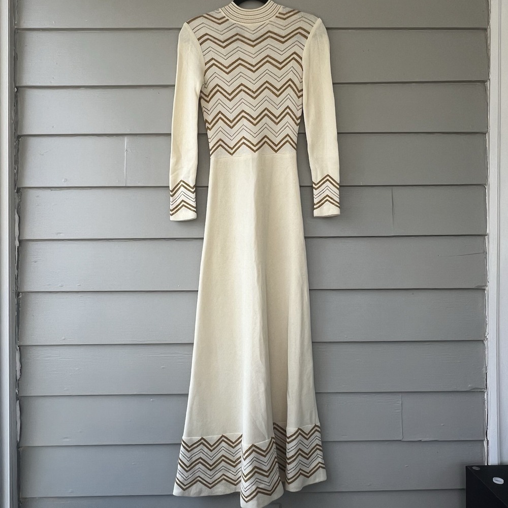 Crissa Linea Italiana Maxi Sweater Dress 1970s Vintage Cream Gold 6 Women A-Line
